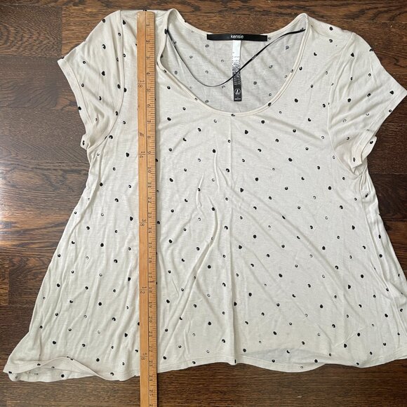 NEW Kensie Women’s Cream/Black Asymmetrical Lightweight polka dot Tshirt-Larg - Picture 8 of 8